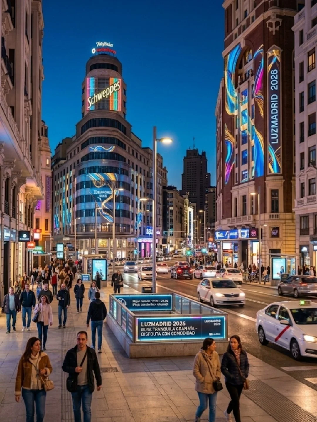 Gran Vía iluminada por la noche durante evento cultural.