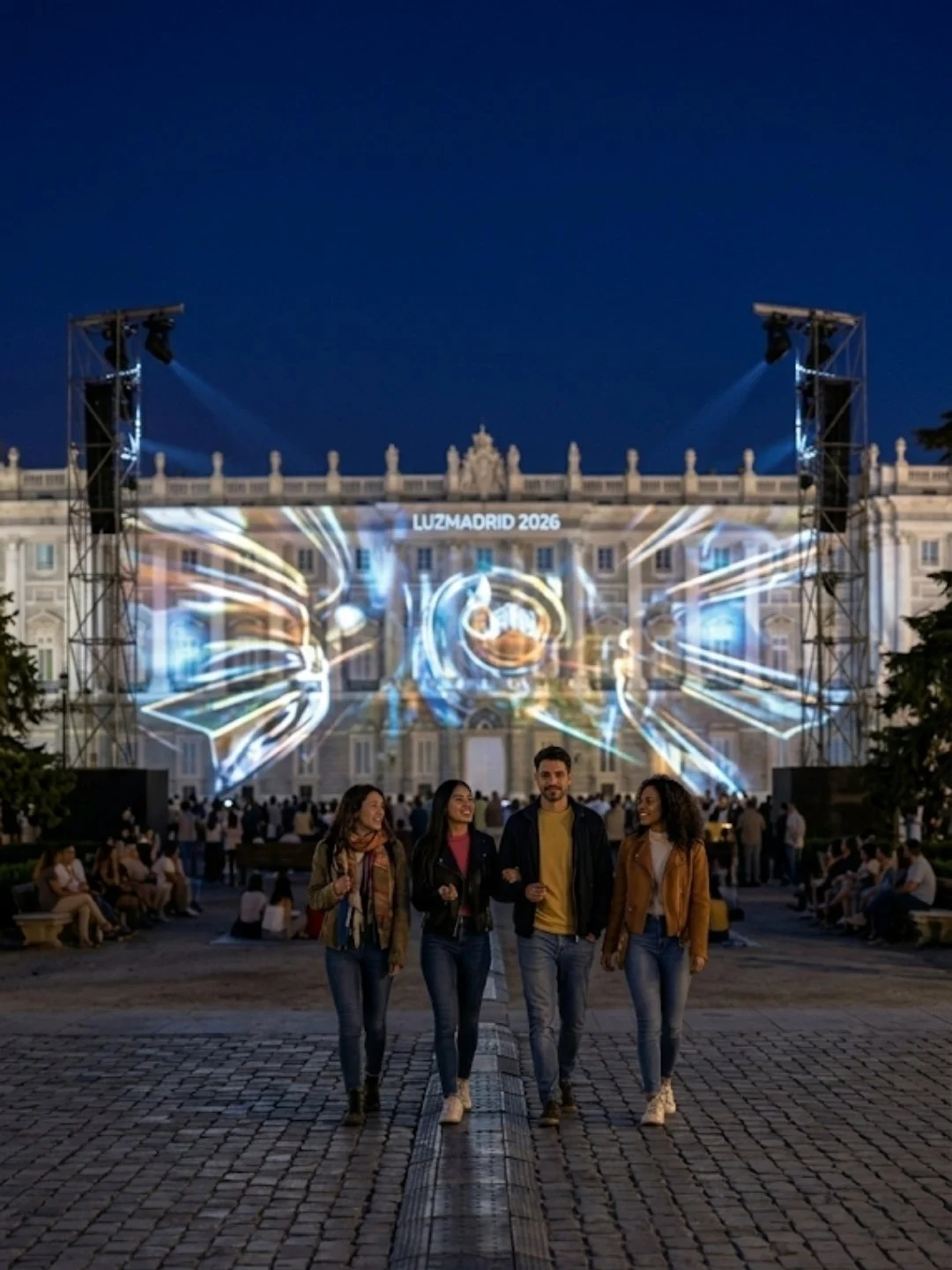 Proyección de luz sobre el Palacio Real de Madrid durante festival.