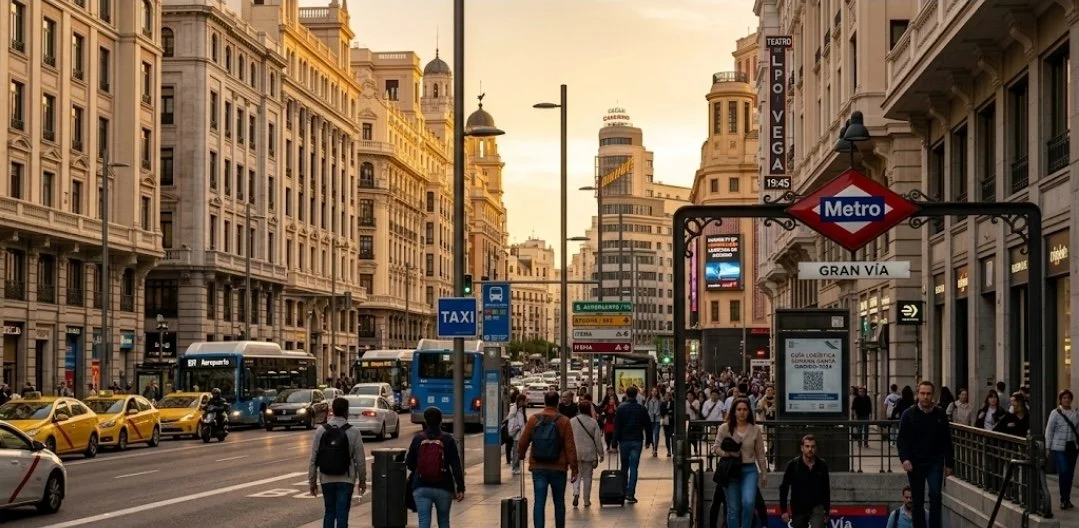 Entrada de metro en Gran Vía con ambiente urbano en Madrid.
