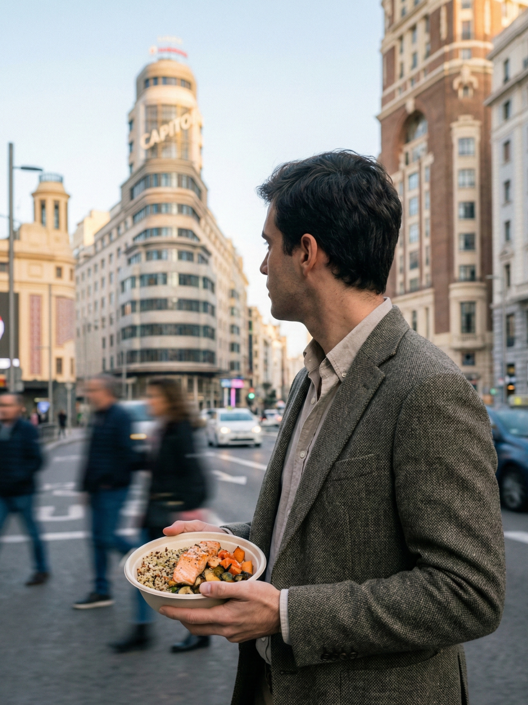 Business traveler con bowl saludable caminando por Gran Vía en Madrid por la mañana.