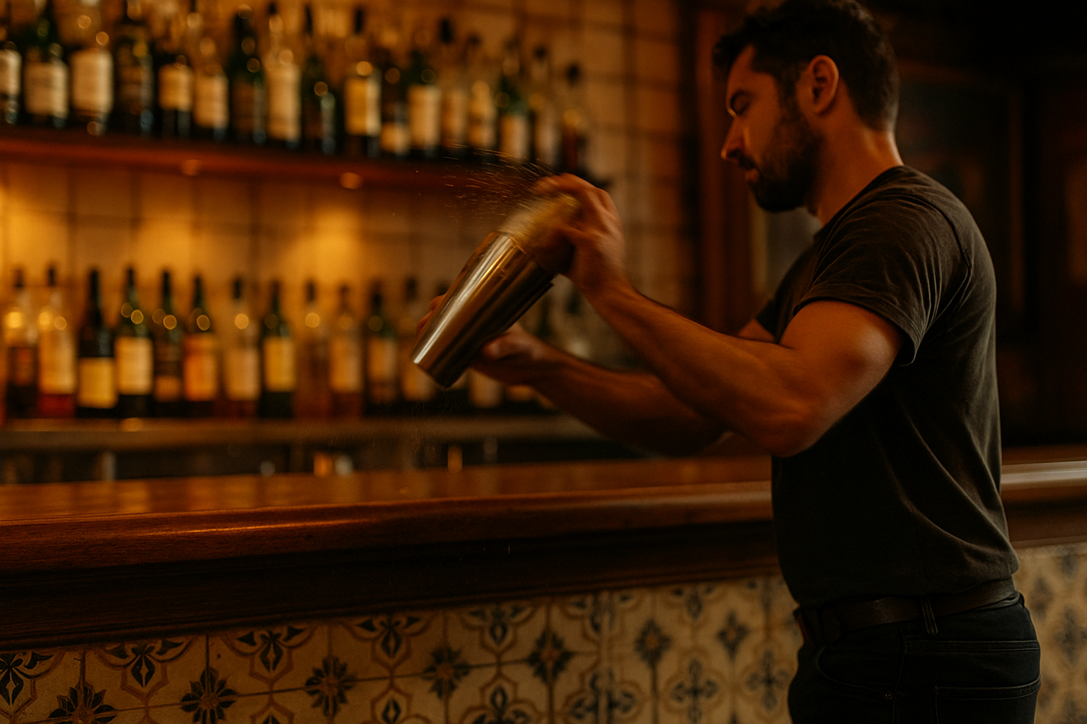 Bartender agitando coctelera en un bar clásico de Malasaña.