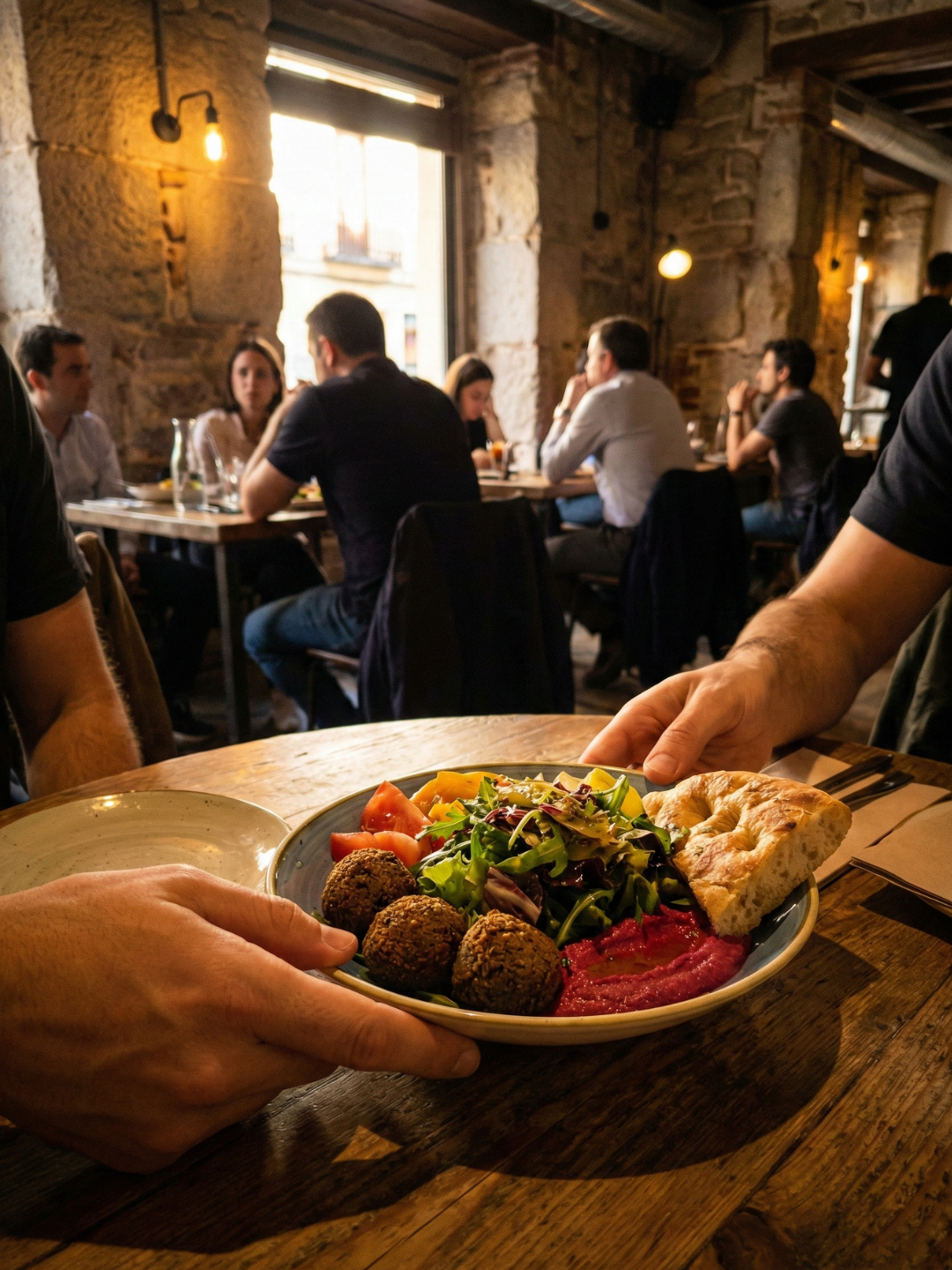 Restaurante healthy moderno cerca de Gran Vía con ensalada asada y mesa de trabajo.