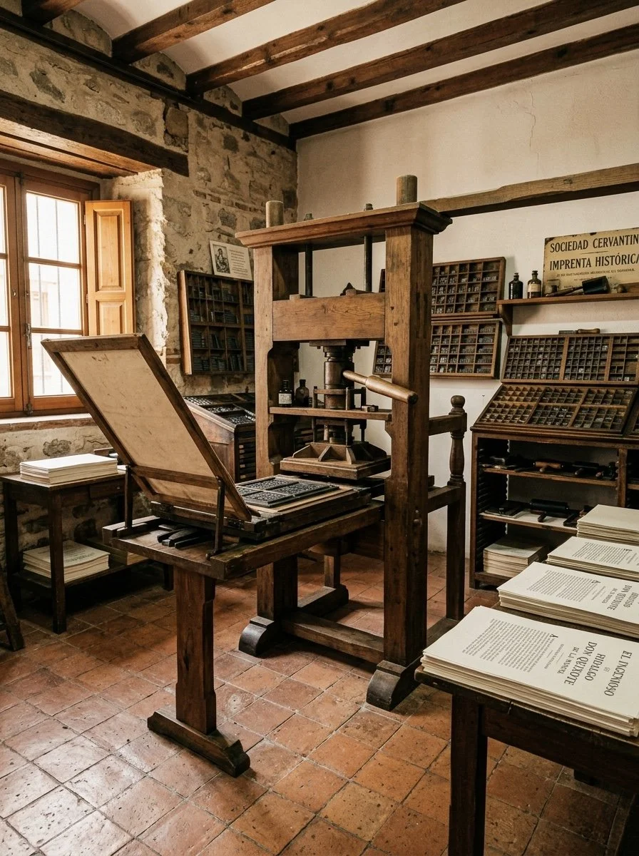 Interior de la Sociedad Cervantina en Madrid con antigua imprenta vinculada al Quijote.