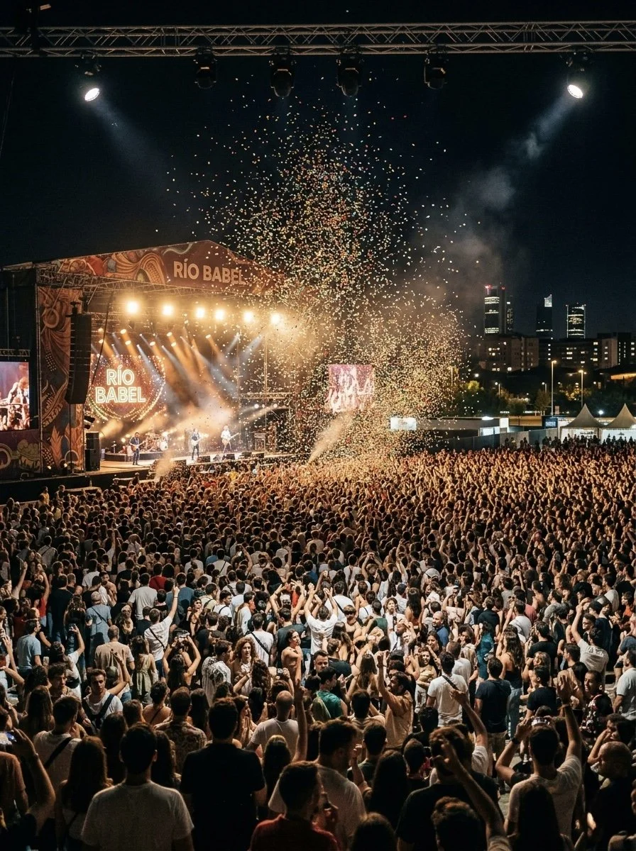 Confeti sobre el público durante un concierto nocturno en el Festival Río Babel (Madrid).