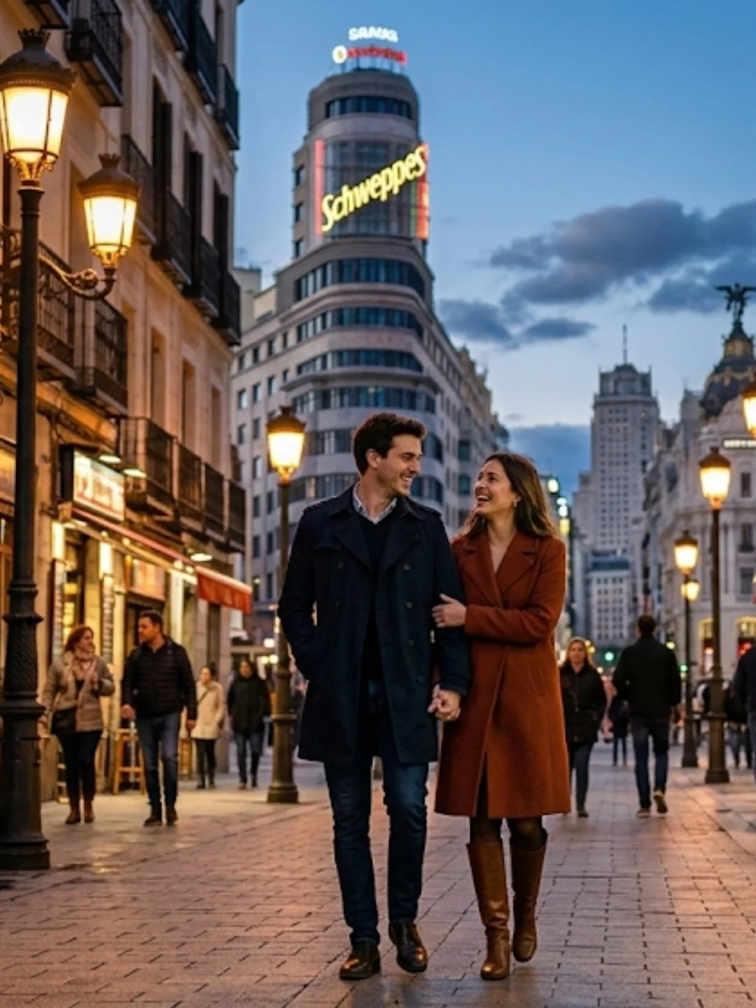 Pareja paseando por el centro de Madrid por la noche.