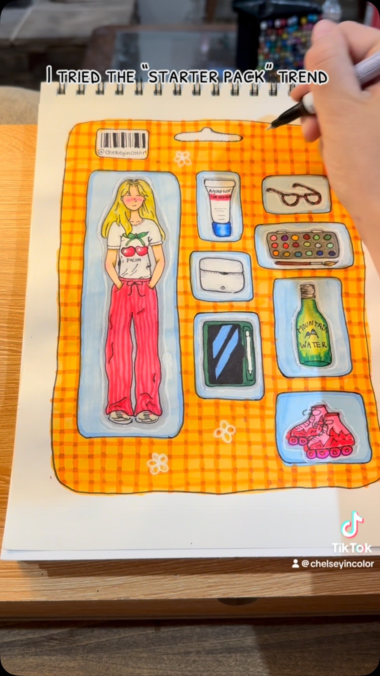 Chelsey’s starter pack: Aquaphor, AirPods, sunnies, iPad, watercolor palette and brush, rollerblades #newtrend #coloringideas #sketchingideas