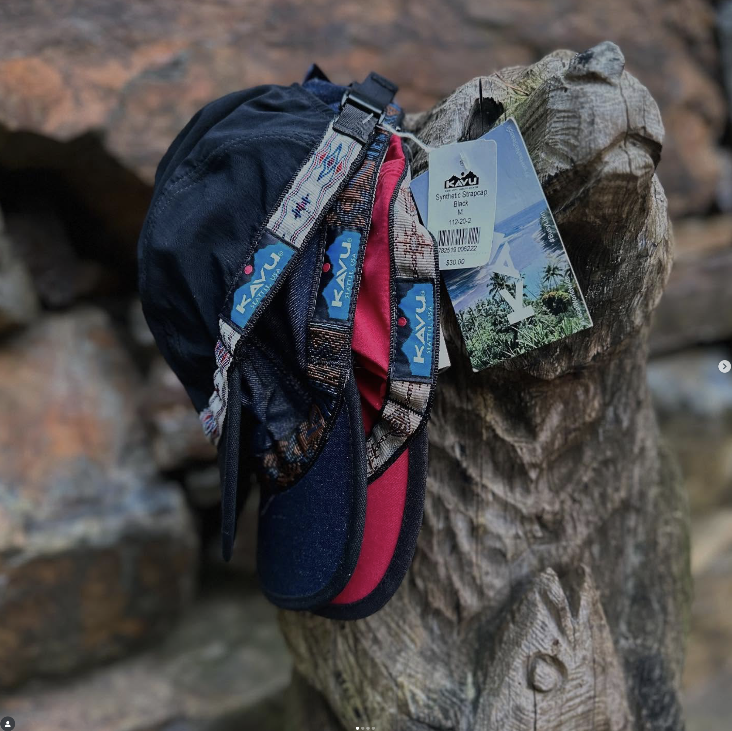 A black, pink, and blue trail running shoe hanging on a carved wooden post in a natural setting.