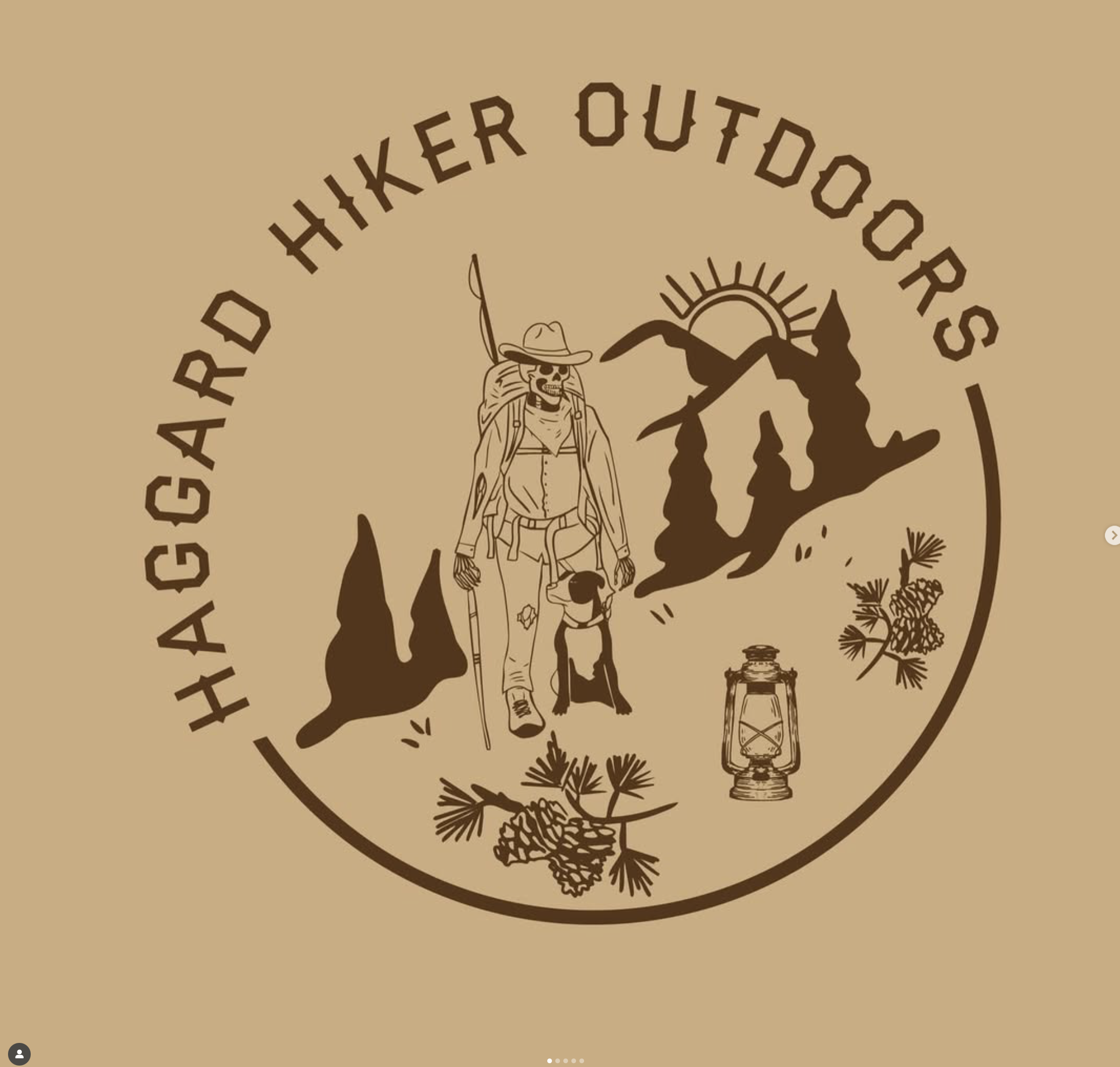 Logo for HAGARD HIKER OUTDOORS featuring a hiker with a dog, mountains, pinecones, a lantern, and a sunrise.