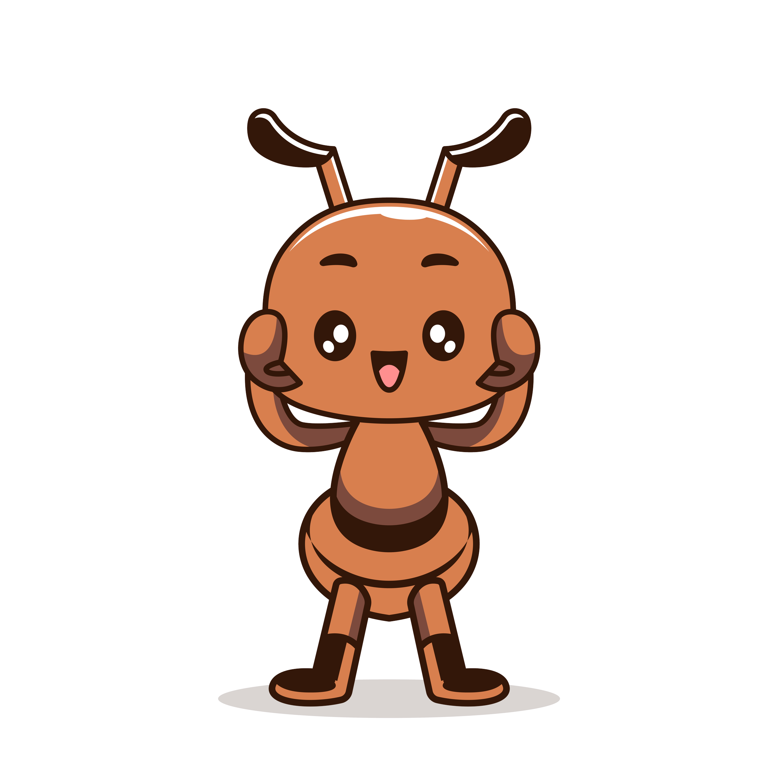 Une illustration d'une adorable fourmi anthropomorphe avec une tête large, de grands yeux brillants, souriante, portant ses mains sur ses joues, avec des antennes et un corps segmenté.