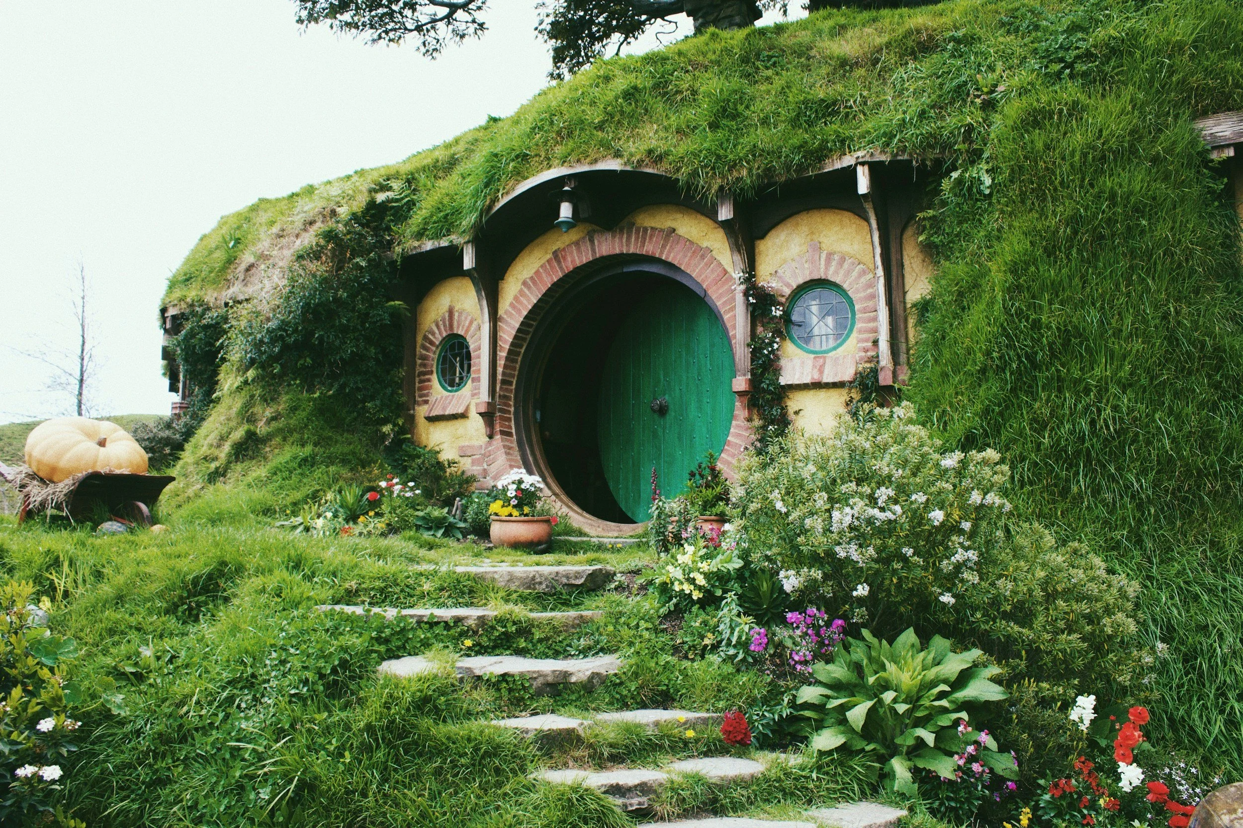 Maison en forme de hobbit avec toit en herbe, porte verte ronde, entourée de fleurs et de plantes.