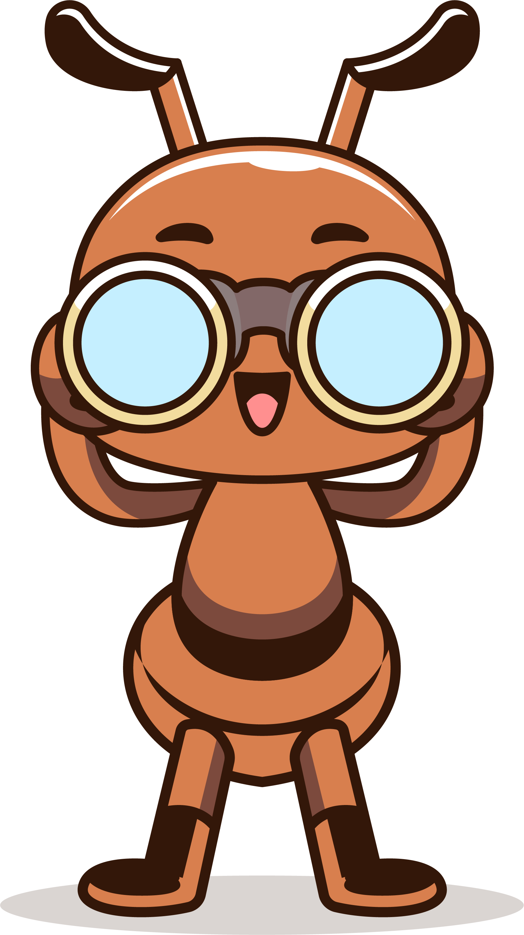 Une illustration cartoon d'une fourmi portant des lunettes avec un sourire.