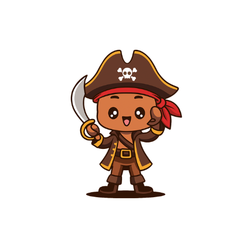 Personnage de dessin animé déguisé en pirate avec un chapeau orné d'un crâne, un cache-oeil, un sabre dans la main, et un bandana rouge.