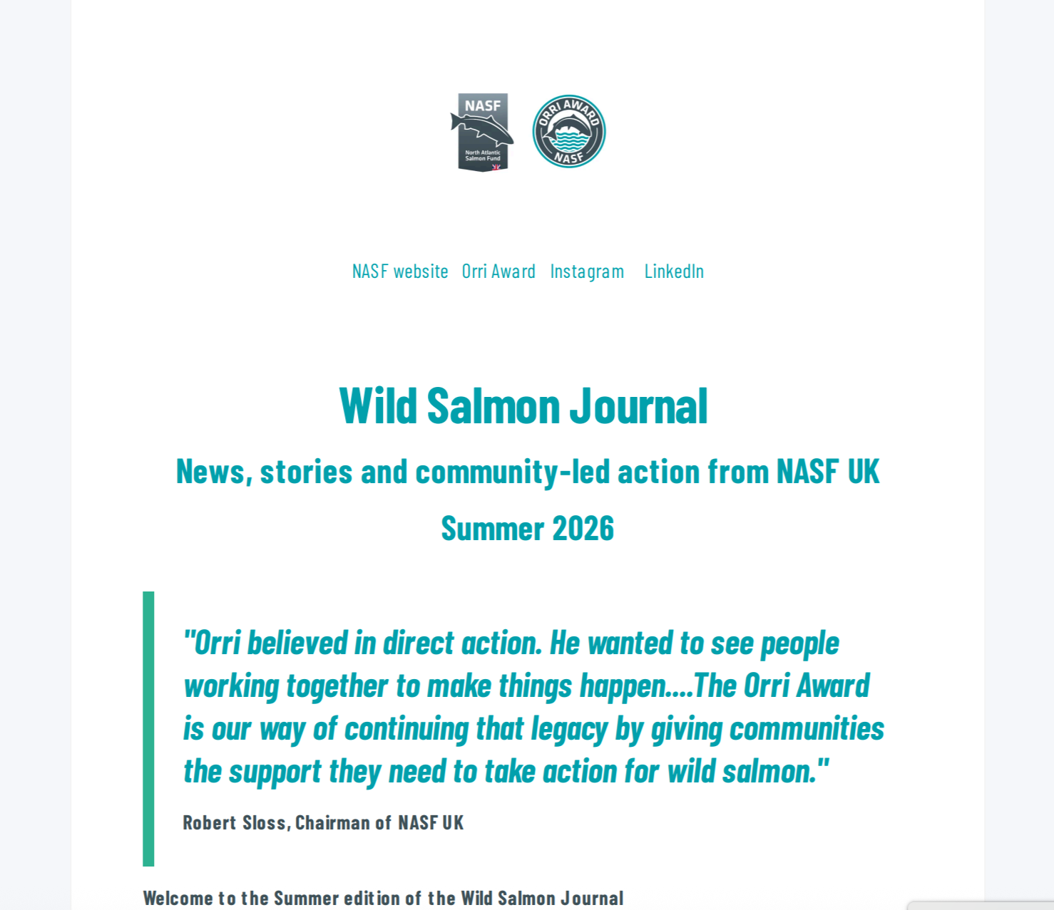 Cover page of the Wild Salmon Journal Summer 2026 edition, featuring NASF logos, title, subtitle, and a quote about the importance of direct action for wild salmon conservation.