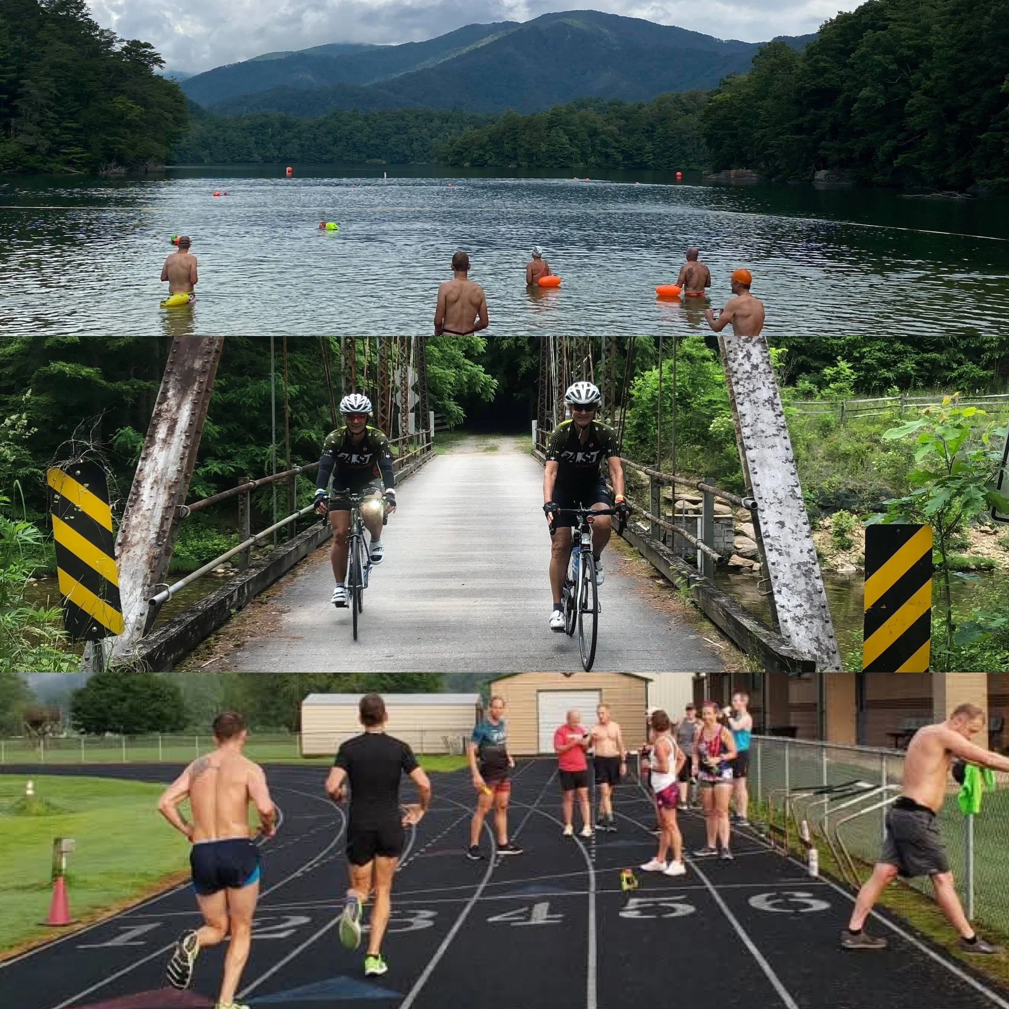 Collage of three outdoor activities: First, people swimming in a mountain lake; second, cyclists riding over a narrow bridge in a wooded area; third, runners competing on a track next to a group of spectators.