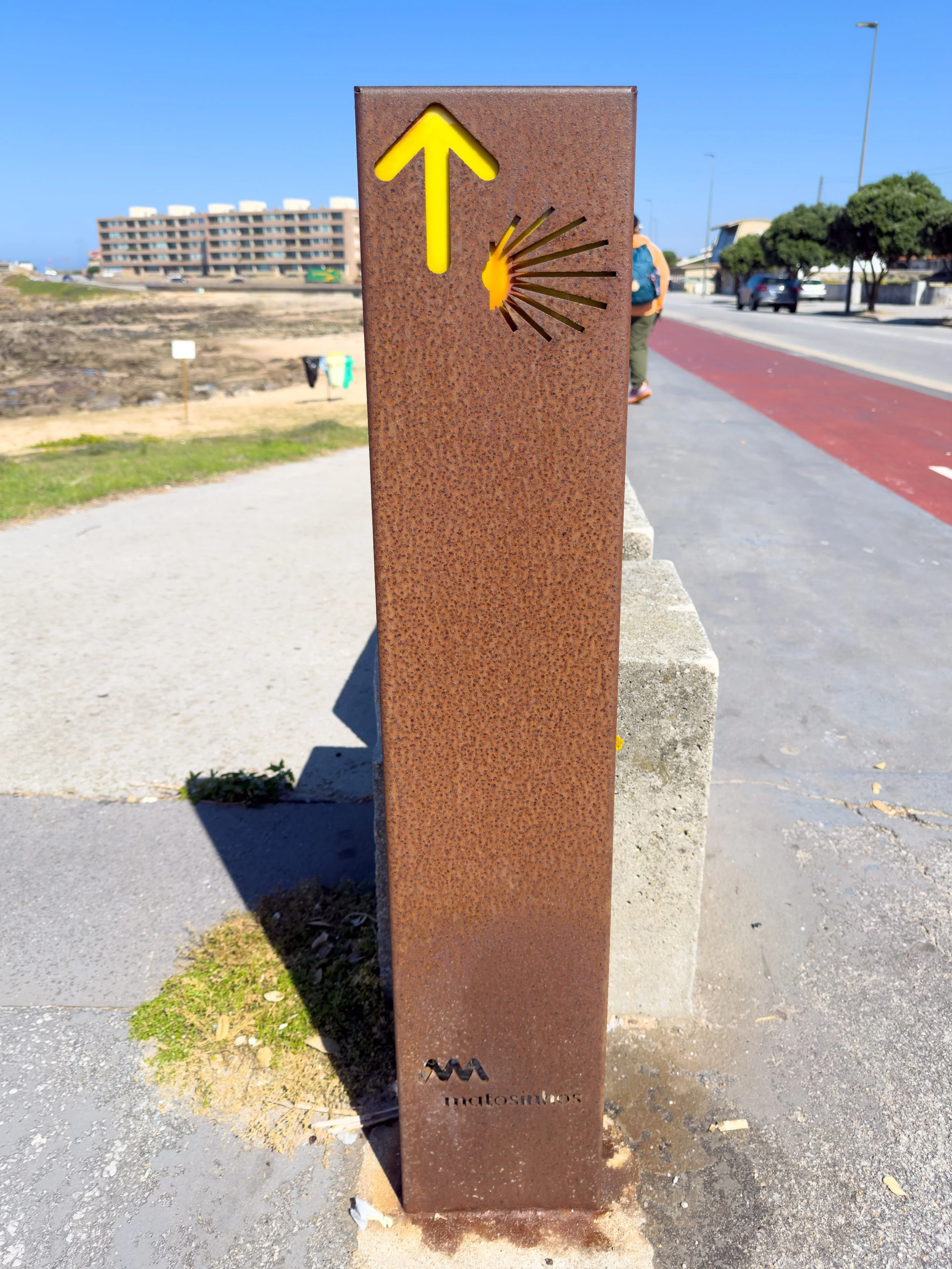 Caminho Português marker in Matosinhos - one of the first we noticed.  Very different from the stone markers in Spain.