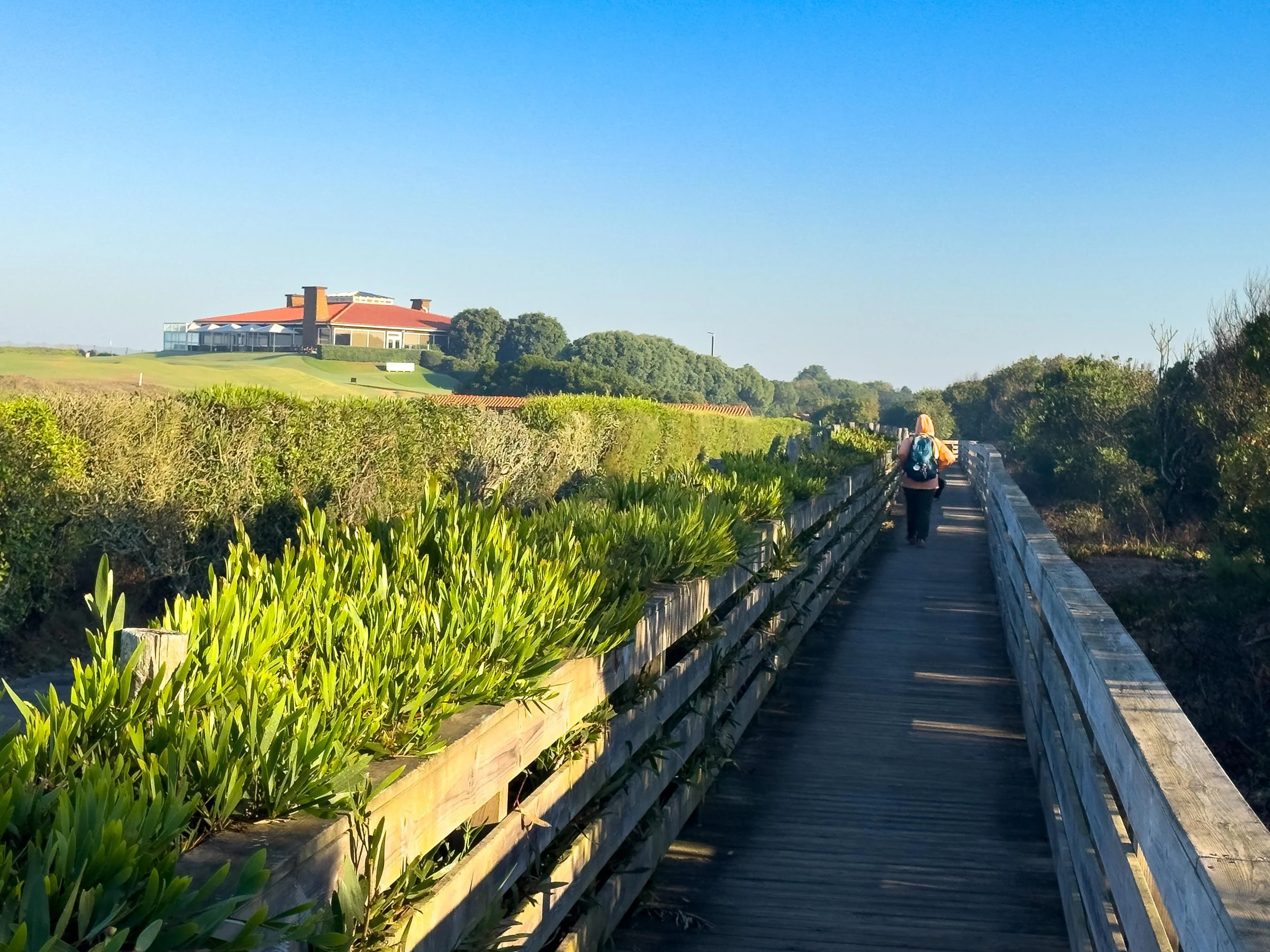 The Camino boardwalk continued along the edge of the golf course for nearly a mile.  You can see the clubhouse in the distance on the left.