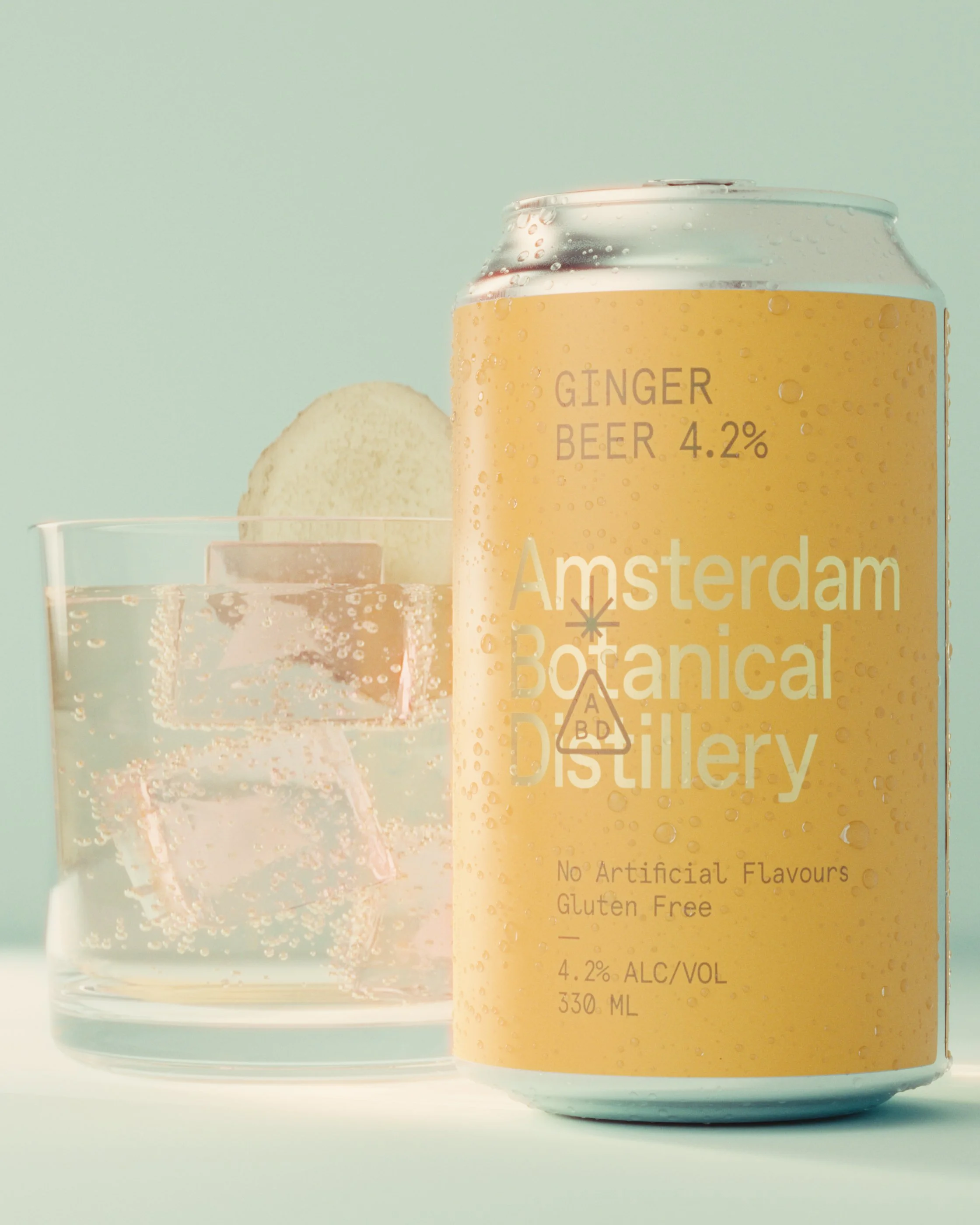 A can of ginger beer with 4.2% alcohol content next to a glass of the same beverage, with a piece of ginger on a pale background.