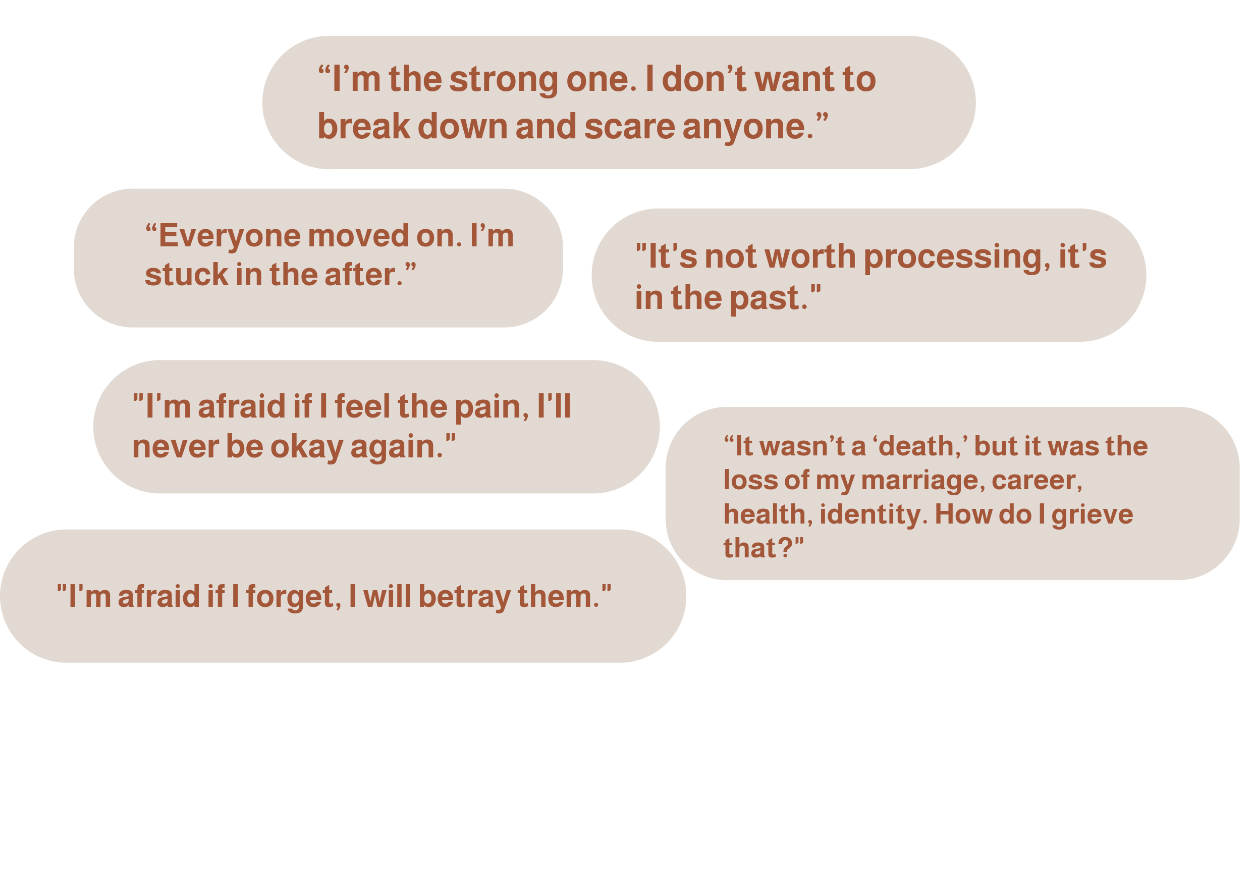 Words in bubbles describing common things those navigating grief are dealing with. "I'm the strong one. I don't want to break down and scare anyone." "Everyone moved on. I'm stuck in the after." "It's not worth processing, it's the past."