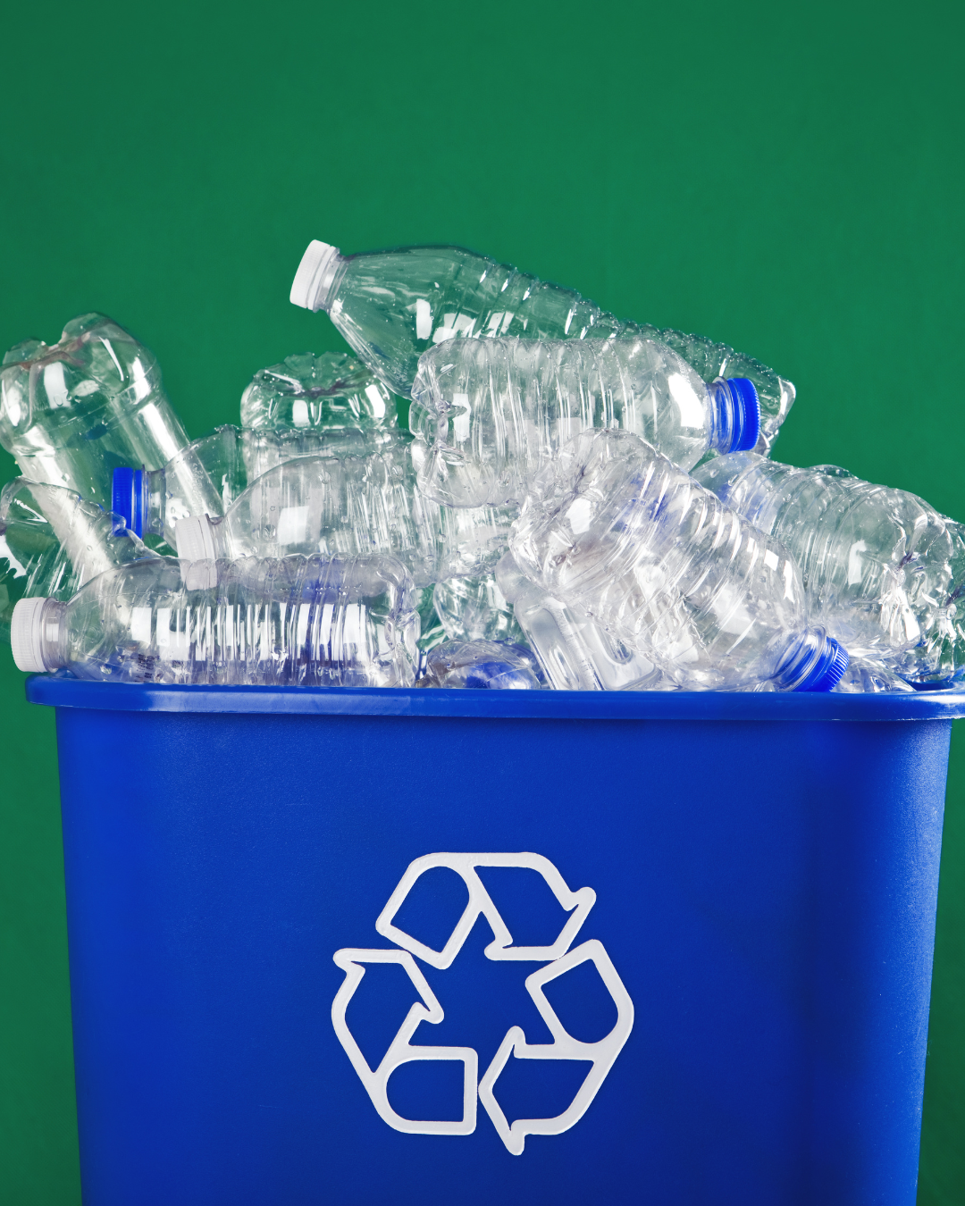 Blue recycling bin filled with empty plastic bottles against a green background.