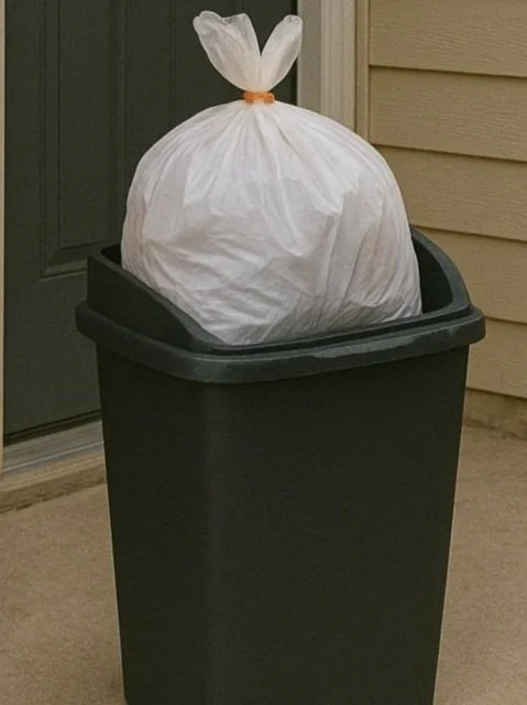 A trash can with a tied plastic bag full of garbage on a porch.