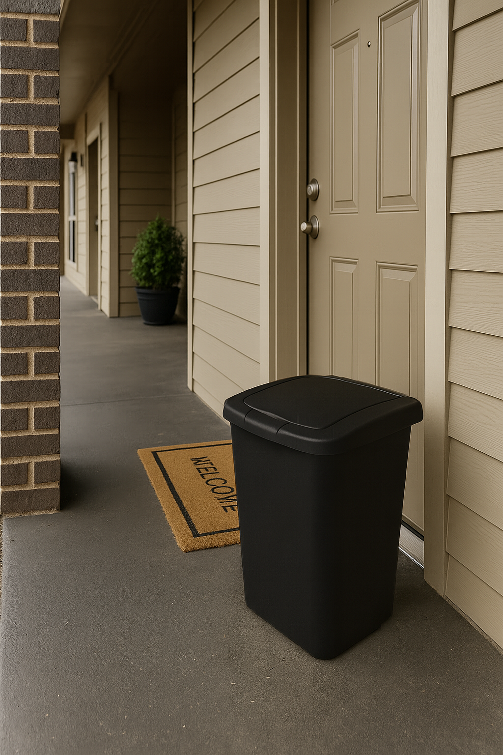 Front porch of a house with a black trash bin, a welcome mat, a potted plant, and a beige front door.