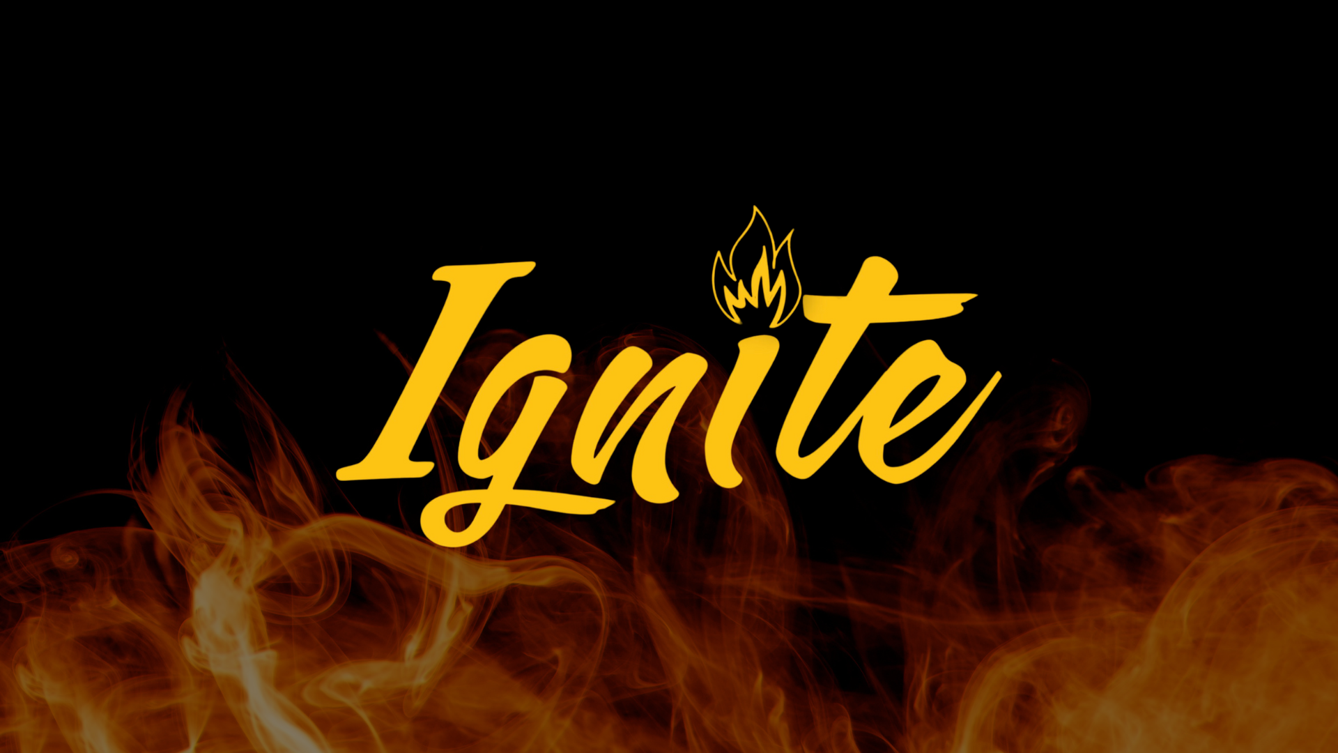 The word 'Ignite' written in yellow cursive text with a small flame illustration above the letter 'i', set against a black background with orange and yellow flames at the bottom.