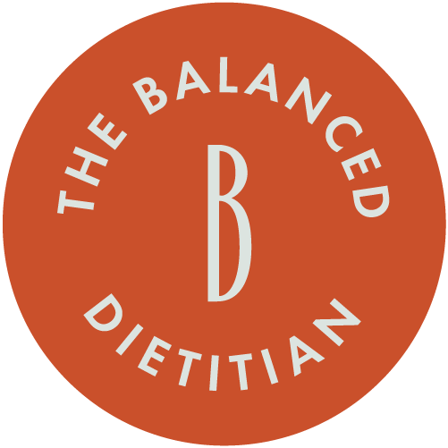 Logo for The Balanced Dietitian with a large letter B in the center and the text 'The Balanced Dietitian' curved around the top and bottom on a red circular background.