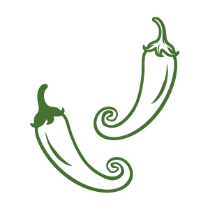 Two green chili peppers with curly stems