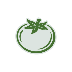Simple green line drawing of a tomato with a leaf top.