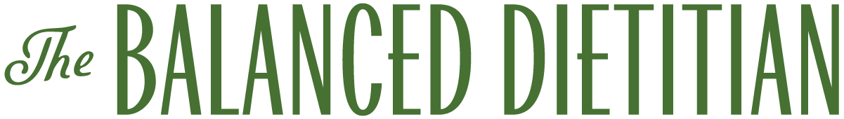 Text reads: The Balanced Dietitian, with 'The' in cursive and larger, decorative font; 'Balanced Dietitian' in tall, green, uppercase letters.