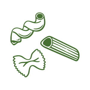 Line drawings of pasta types including penne, farfalle, and fusilli.