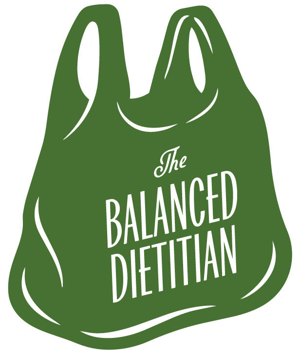 Illustration of a green tote bag with the text 'The Balanced Dietitian' on it.