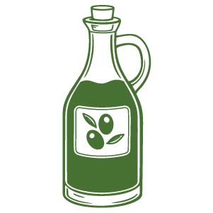Green bottle with a handle and a label featuring leaves and a fruit.