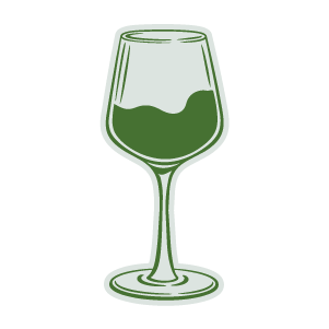 A drawing of a wine glass filled with green liquid.