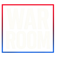A sign that reads 'WAR ROOM' with a red top border and a blue bottom border.