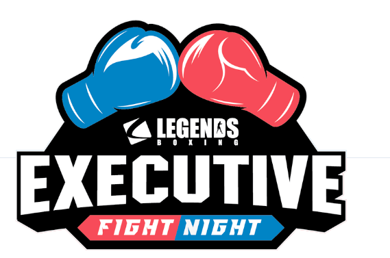 Logo for Legends Boxing featuring blue and red boxing gloves above the text 'Executive Fight Night'.