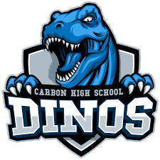 A blue dinosaur mascot with sharp teeth holding a shield that says 'Carbon High School Dinosaurs.'