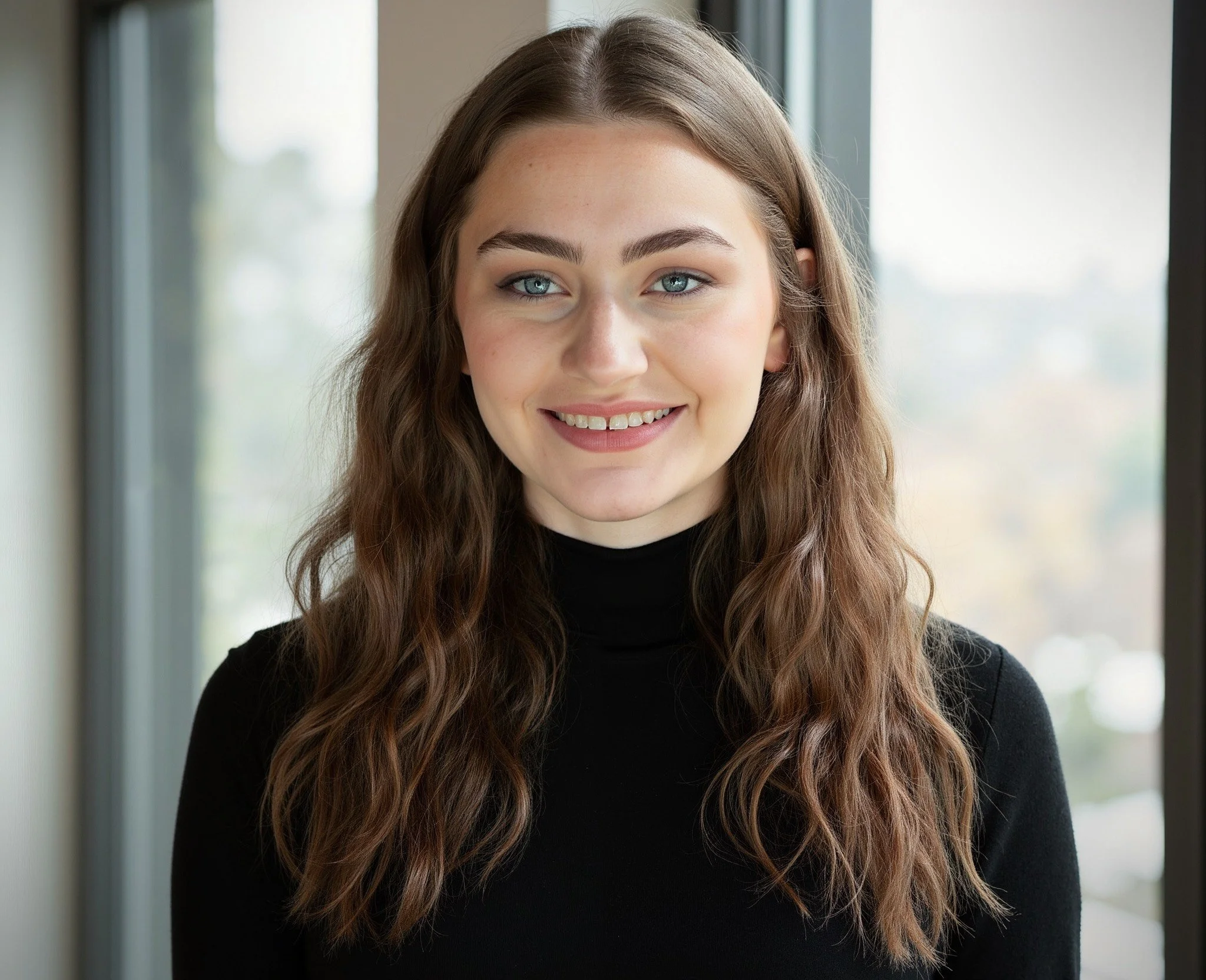 Smiling young woman with wavy brown hair in a gray top, indoors with a light background and window.