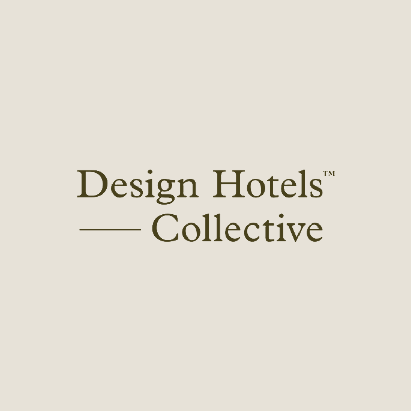 Logo for Design Hotels Collective on a beige background.