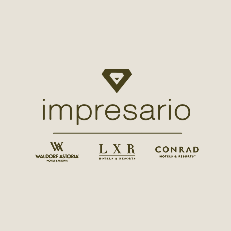Logo and brand names for Impesario, Waldorf Astoria, LXR, and Conrad Hotels & Resorts.