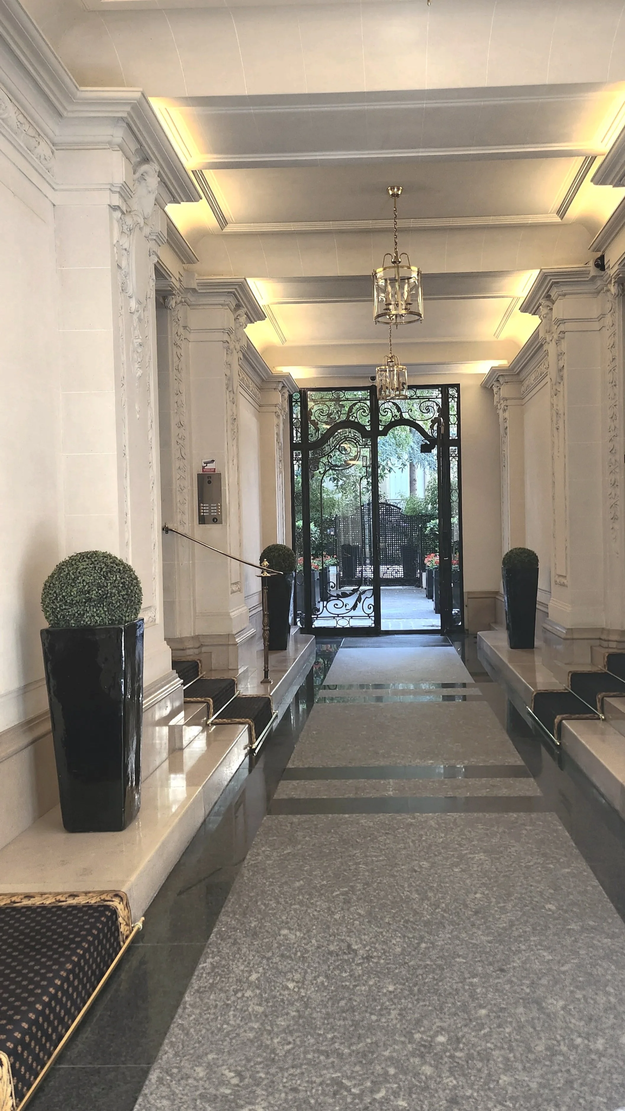 Intérieur d'une entrée d'hôtel avec un sol en marbre gris, des murs en pierre blanche avec des moulures ornées, deux chandeliers suspendus au plafond, deux grands pots noirs avec des buissons verts, et une porte en fer forgé noire menant à un jardin extérieur.