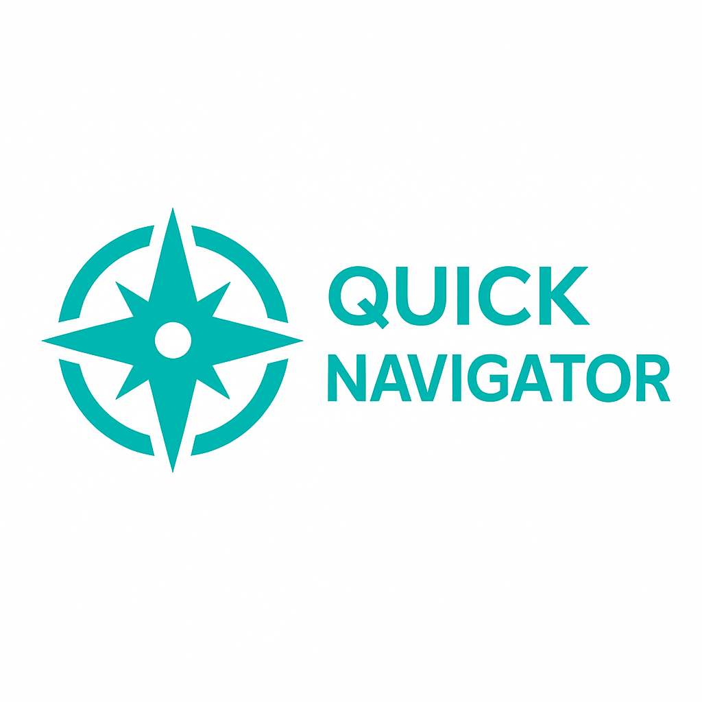 Logo with a blue compass symbol and the text 'QUICK NAVIGATOR' in blue.