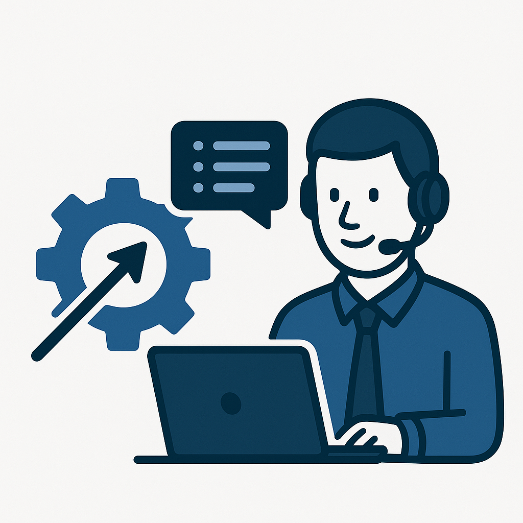 Illustration of a customer service representative with a headset, sitting at a laptop, with icons of a gear with an upward arrow and a chat bubble nearby.