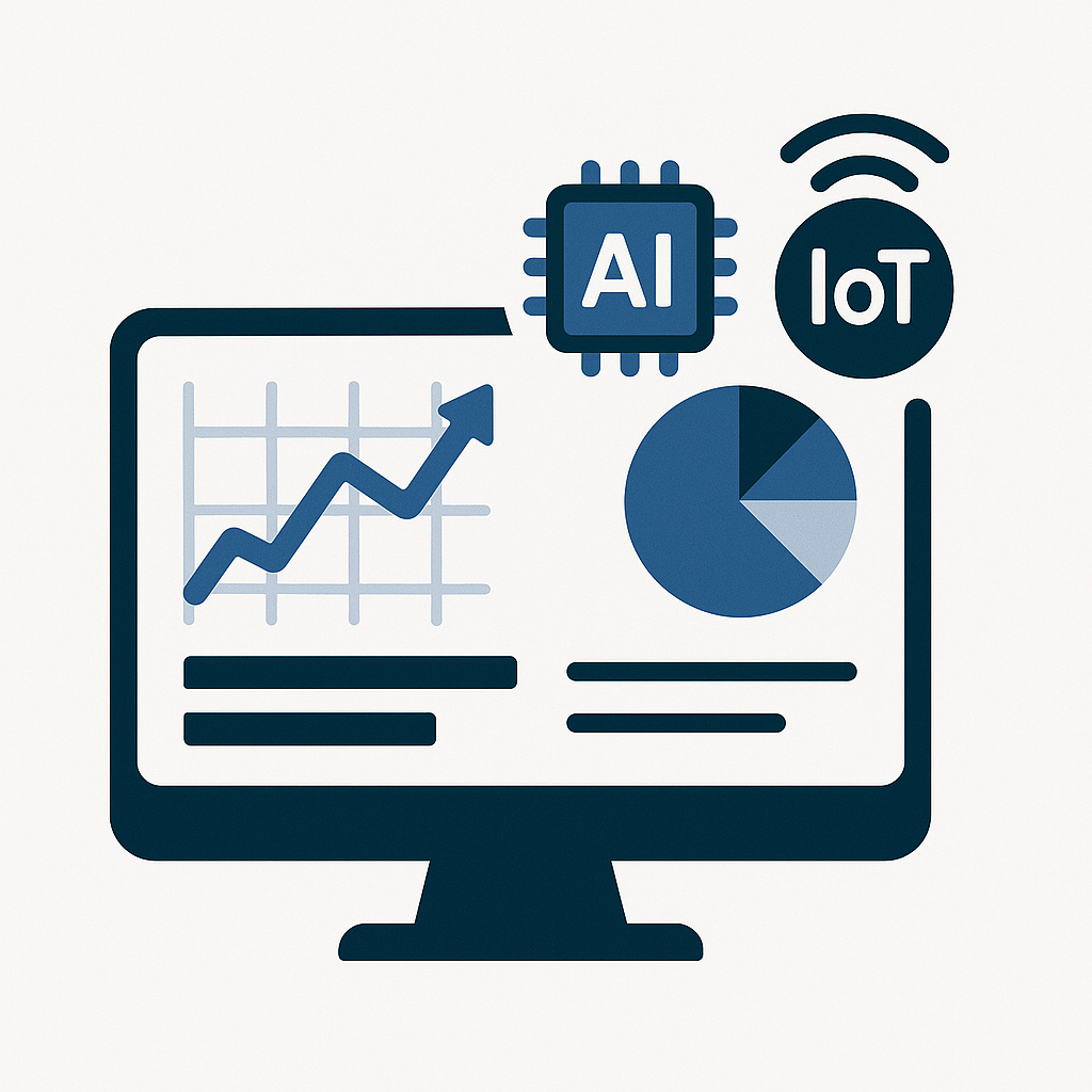 Computer monitor displaying a line graph with an upward trend, pie chart, and icons labeled AI and IoT.