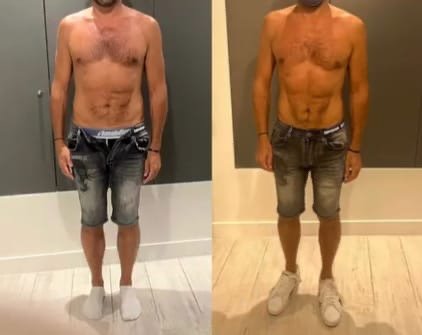 Side-by-side comparison of a shirtless man before and after weight loss, standing in similar poses, wearing shorts and sneakers.