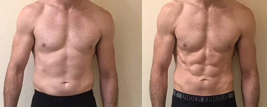 Side-by-side of a shirtless man before and after intense physical transformation, showing increased muscle definition and abdominal muscles.