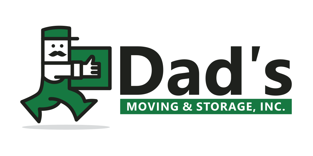 Logo for Dad's Moving & Storage, Inc., featuring a cartoon man in green pants and a bowler hat giving a thumbs-up.