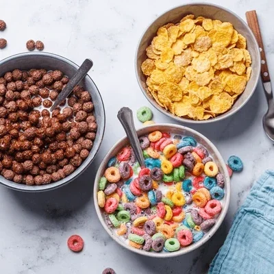 Bowl of chocolate cereal, multicolored fruit-flavored cereal, and a bowl of cornflakes on a white marble surface.