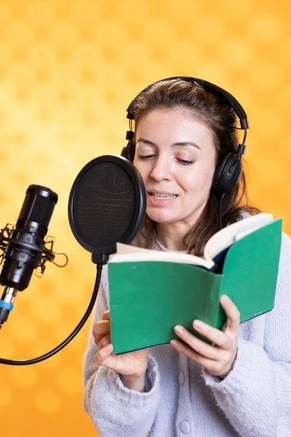 Femme en studio en enregistrant un audio book, portant un casque, lisant un livre avec un microphone devant elle, fond jaune