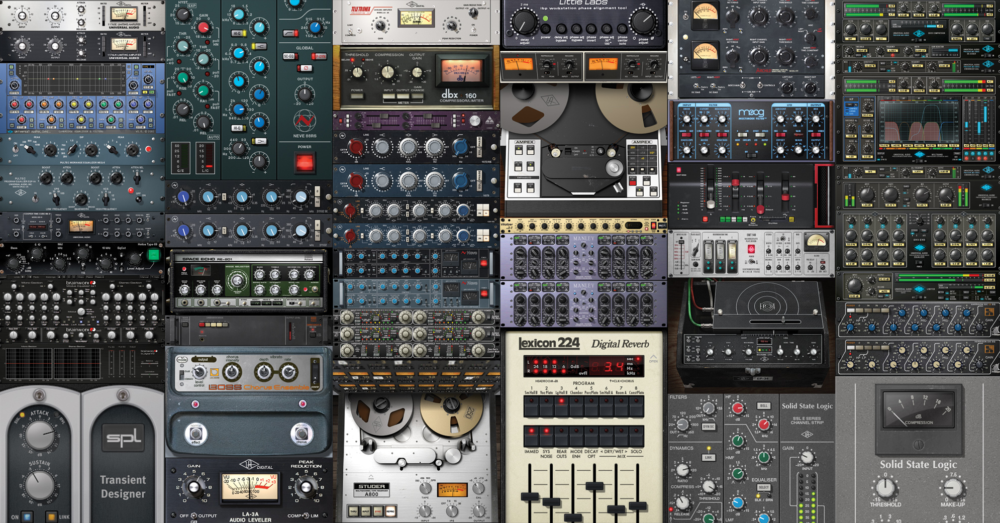 Une collection de plusieurs appareils audio et équipements électroniques de musique, incluant des contrôleurs, des égaliseurs, des compresseurs, des synthétiseurs et des interfaces audio, tous empilés en un seul ensemble.